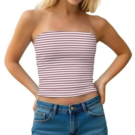 BFHHYA Apexfwdt Women's Striped Tube Tops Strapless Bandeau Tops Double Lined Slim Fit Summer Y2K Going Out Tank Tops