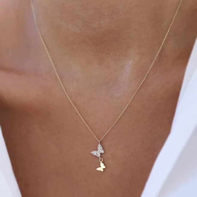 14K Gold Dainty Double Butterfly Enamel Necklace