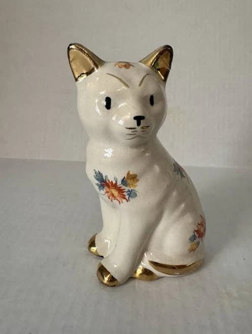 Vintage Porcelain White Cat Figurine W/multicolor Flowers & Gold Trim