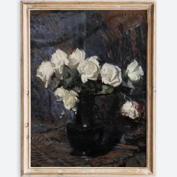 European Vintage White Rose Flowers in Black Vase Still Life Wall Art Print, Rustic Dark Oil Painting Antique Moody Farmhouse Poster VP150