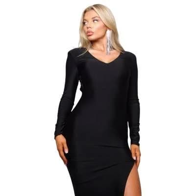 Glamorous Long Sleeve V-Neck Open Back Maxi Dress with High Side Slit