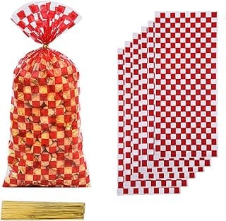 50 Pieces Cellophane Car Candy Bags Red White Checkered Racing Treat Bags Plastic Race Gift Goodie bags Food Storage Bags for with 50 Pieces Silver Twist Ties for Cars Birthday Party Decorations