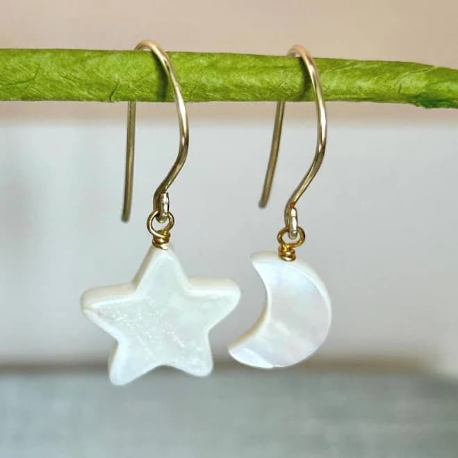 Dainty Moon & Star Pearlescent Shell Dangle Earrings