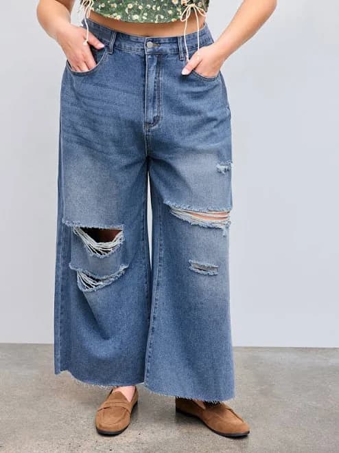 CIDER Women's High Waist Ripped Curve Flattering Plus Size Straight Leg Denim Jeans Non-Stretch