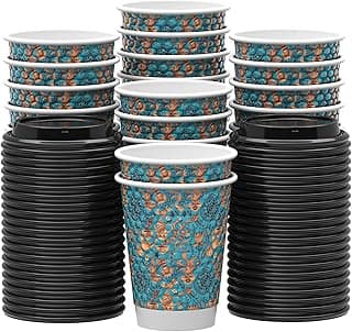 Qunclay Disposable Paper Coffee Cups with Lids, 100 pack 12 oz Embossed Paper Cups, Double Wall Insulated Takeaway To Go Hot Drinking Cups for Home Office Wedding Party Supply, Blueness