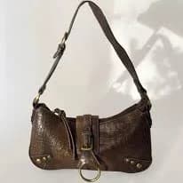 Vintage Croc Embossed Baguette Bag – Brown Faux Leather Shoulder Purse – Y2K Retro Handbag
