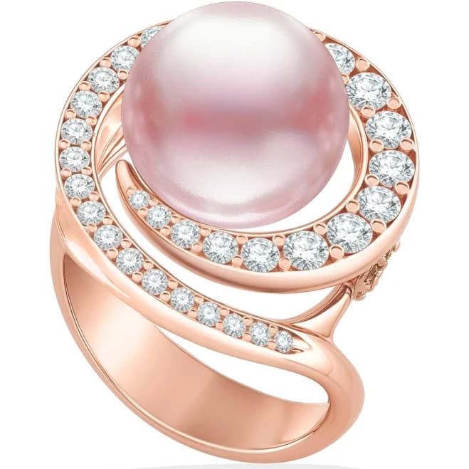 14K Rose Gold Freshwater Pearl and Diamond Wave Ring