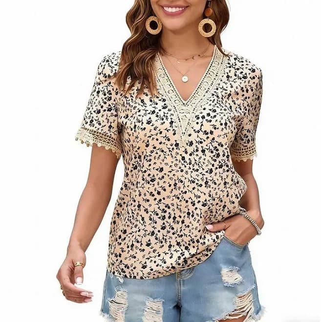 Women's Floral Print V-Neck Lace Trim Short Sleeve Blouse