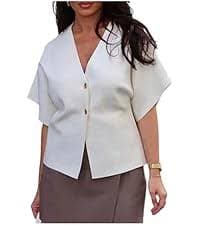 Milumia Women's Button Front Half Sleeve Top Dressy V Neck Split Hem Casual Blouse Shirts White Small at Amazon Women's Clothing store