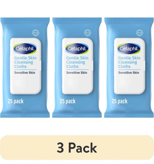 (3 pack) Cetaphil Gentle Skin Cleansing Cloths, 25 ct, Fragrance Free Face and Body Wipes
