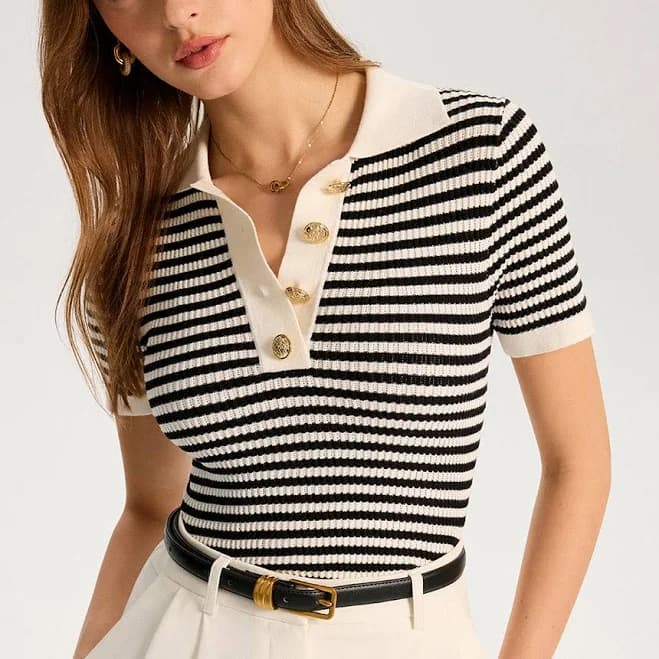 Metal Button Striped Knit Polo Top