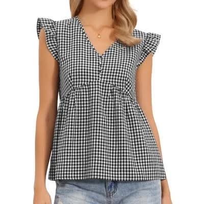 Inspire Chic Women's Sleeveless V-Neck Peplum Gingham Top
