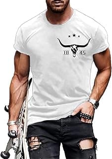 Western Shirts for Men Bull Horn Print Short Sleeve T Shirts for Men Retro Graphic Tees for Men Crew Neck Loose Fit Pullover Tops for Men Summer Tops for Men 2025 A-Bull Horn White S