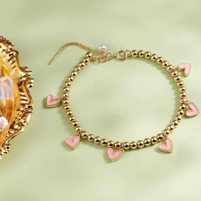 Adjustable Gold Beaded Heart Charm Bracelet