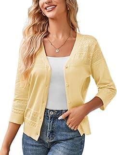 Women's 2025 Cropped Cardigan 3/4 Sleeve Lightweight Crochet Shrug Hollowed-Out Knit Sweater Tops