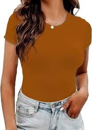 LINMON Women's Short Sleeve T Shirts Basic Round Neck Leotard Bodysuits (Camel,Medium) at Amazon Women's Clothing store