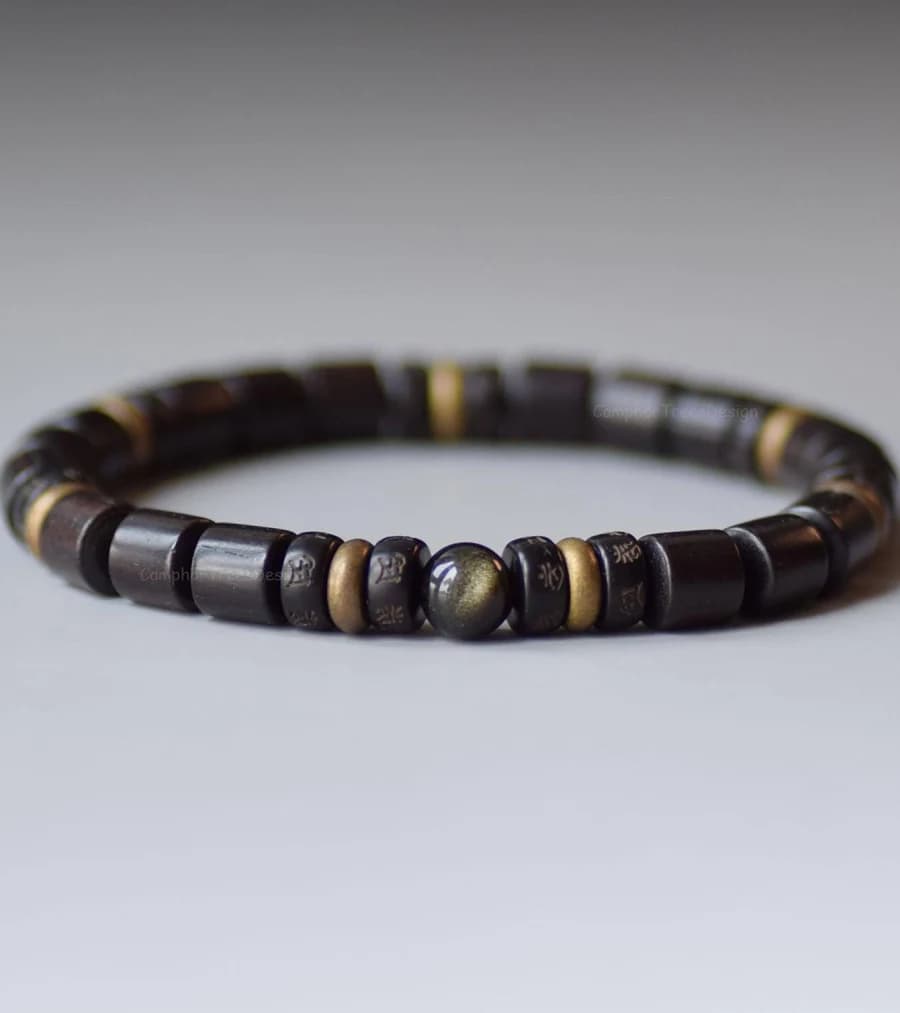 Natural Wooden Beaded Bracelet with Golden Obsidian