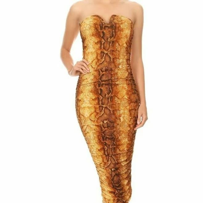 Women Strapless Snakeskin Print Casual Bodycon Christmas Party Midi