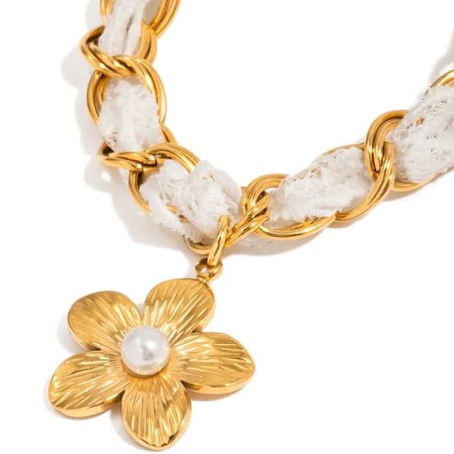 18K Gold Princess Flower Pearl Pendant Necklace Set