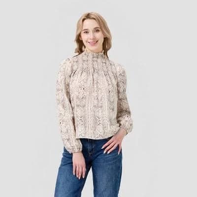 A New Day Women's Puff Long Sleeve Mock Turtleneck Smocked Blouse