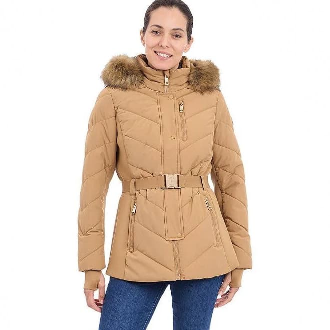 London Fog Women's Faux Fur Trim Hood Belted Puffer Coat