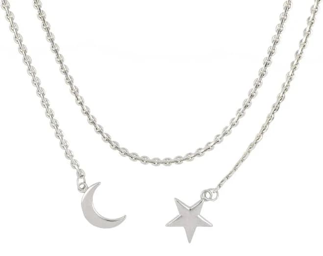 Alex and Ani Moon and Star Layered Chain Necklace in Sterling Silver