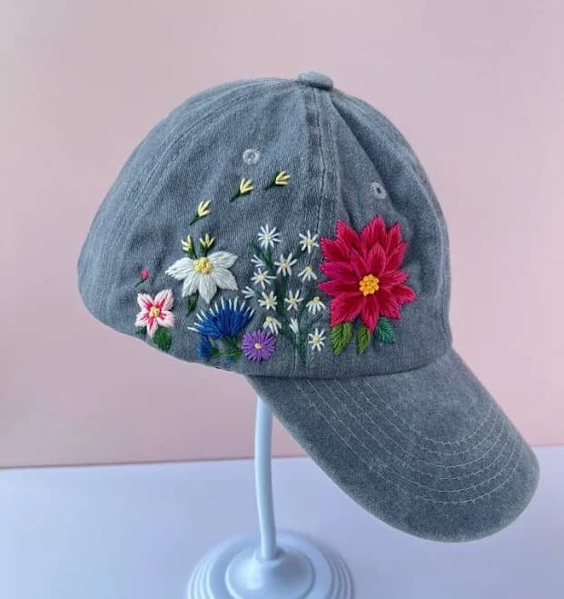 Daisy Embroidered Floral Denim Hat