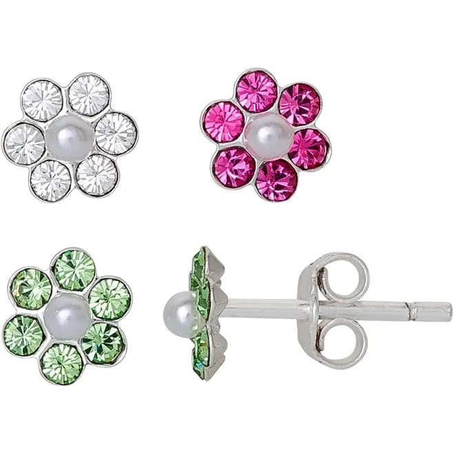 Brilliance Fine Jewelry 925 Sterling Silver Crystal Flower Stud Earrings Set (3 Pairs)