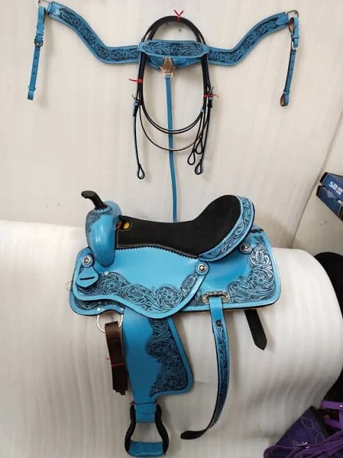 Sky/blue Western Leather Barrel Racing Horse Saddle With Tack Set Size