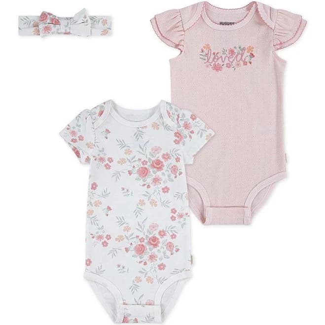 Huggies Baby Girls Floral Ruffle 2-Pack Bodysuits & Headband