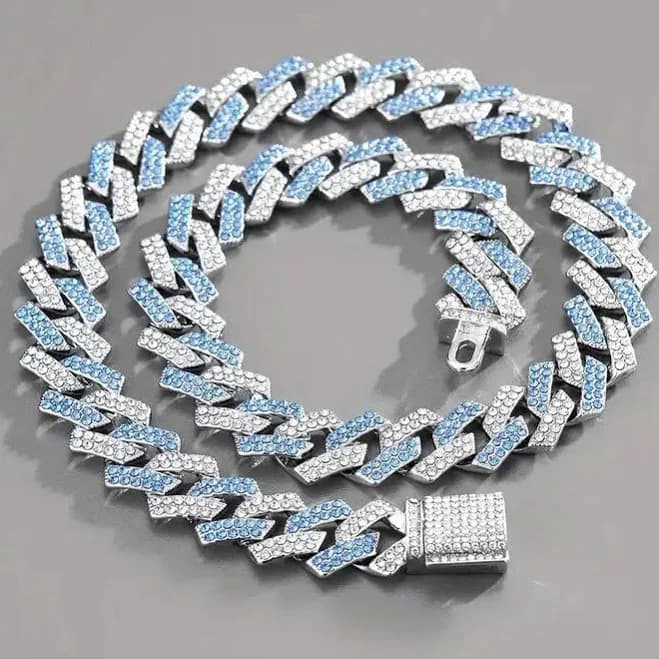 Hip Hop Miami Blue Iced Bling Cz Silver Plated Cuban Link Chain