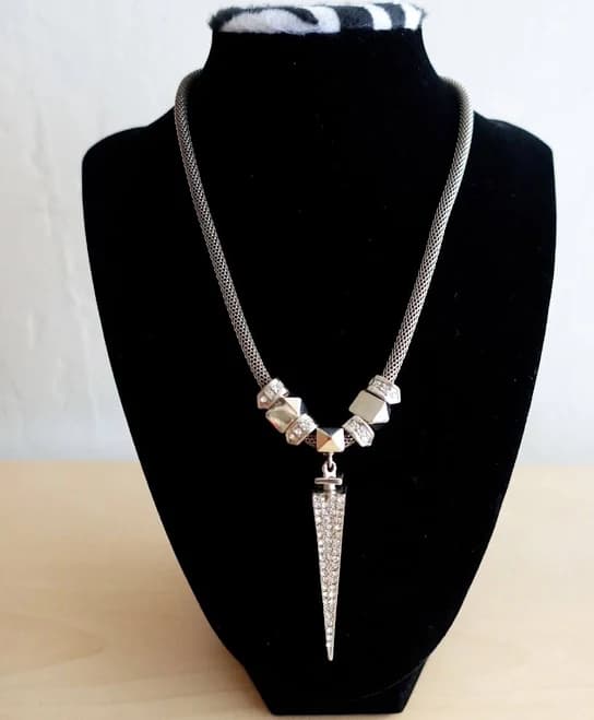 Silver-tone Fashion Necklace W/ Mesh Chain, Spike Pendant, Crystals