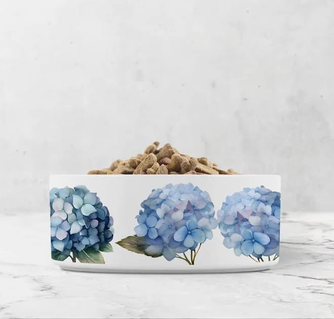 Blue Hydrangea Pet Bowl, Ceramic Dog Bowl, Flower Cat Dish