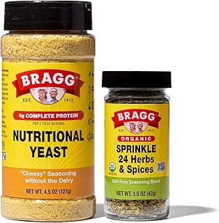 Nutritional Yeast Seasoning 4.5oz + Bragg Organic Sprinkle Seasoning with 24 Herbs and Spices 1.5oz