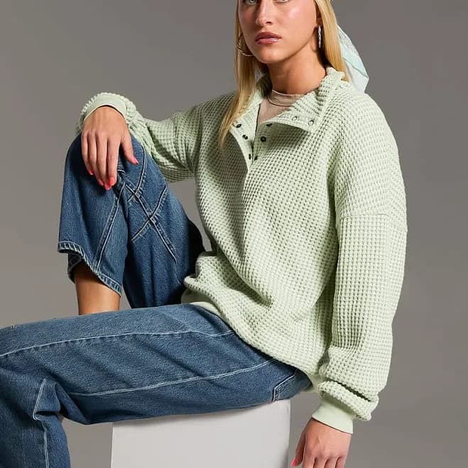 BKE Women's Cotton Quarter Snap Waffle Knit Pullover