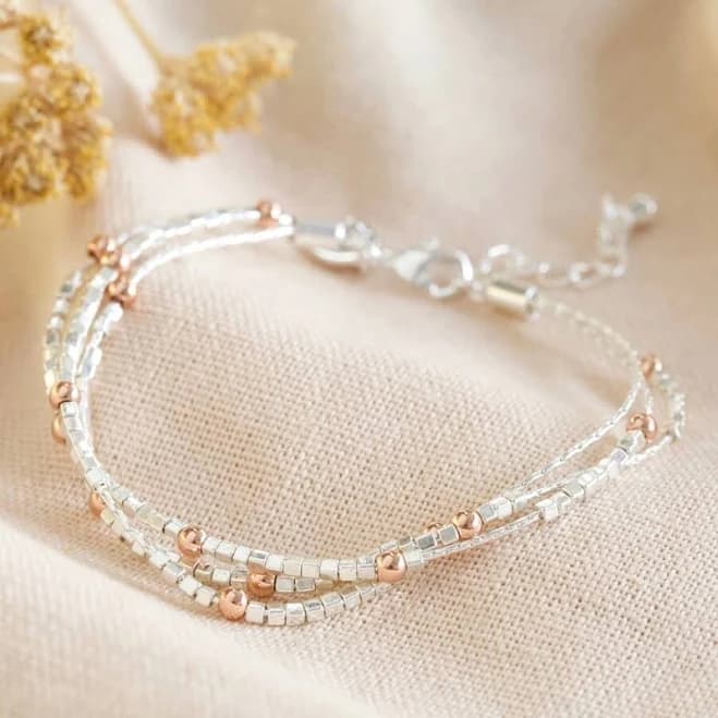 Lisa Angel Jewellery Collection Layered Beaded Chain Bracelet in Silver and Rose Gold