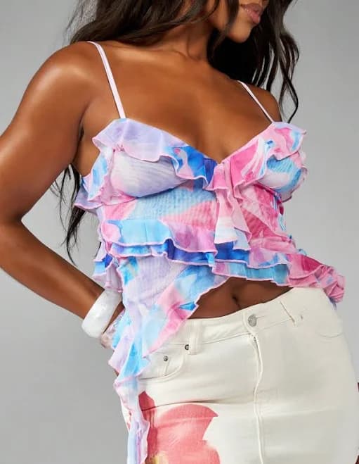 Missguided Asymmetrical Floral Ruffle Mesh Cami Top