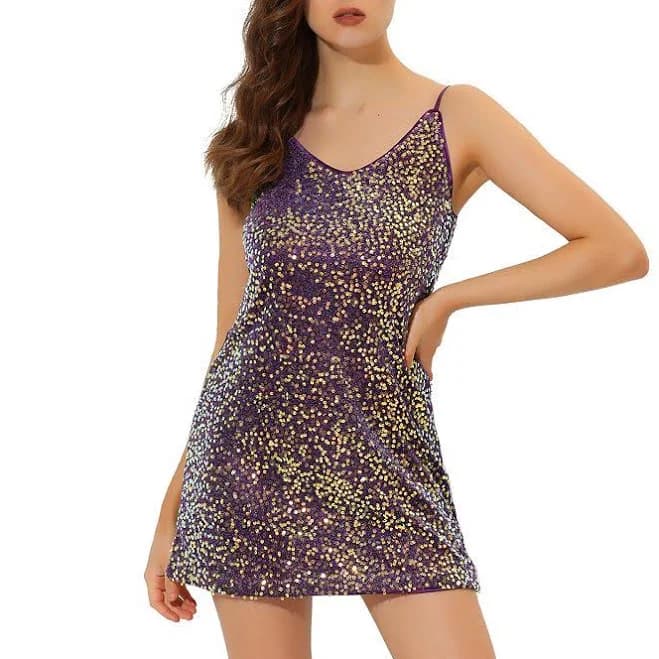 Allegra K Women's Glitter Sequin V-Neck Spaghetti Strap Mini Dress