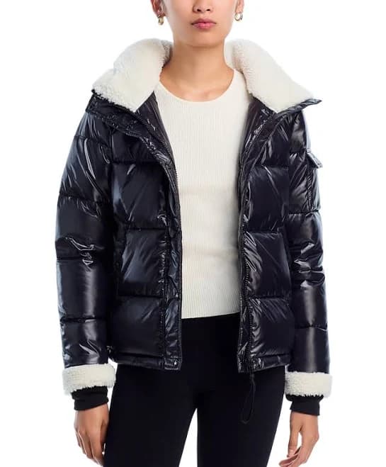 AQUA Women's Gloss Puffer Jacket with Sherpa Trim