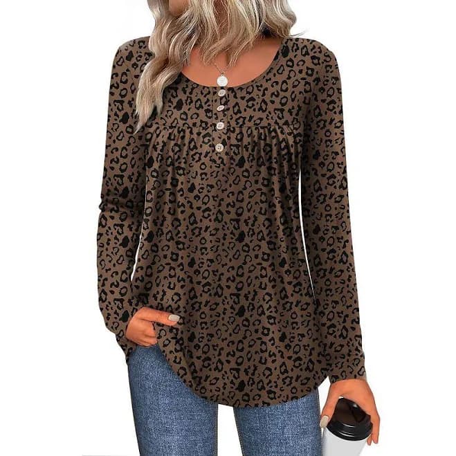Zeagoo Women's Leopard Print Long Sleeve Loose Tunic Tops, Pleated Casual Blouses for Leggings, Size: Large, Brown Leopard