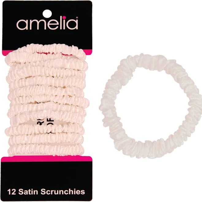 Amelia Beauty Skinny Satin Scrunchies, 2in Diameter, Gentle and Strong Hold, No Snag, No Dents or Creases. 12 Pack