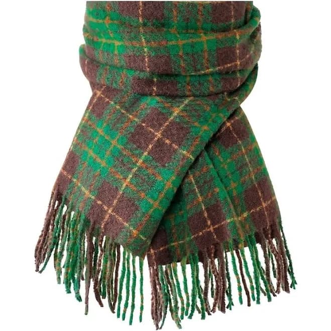 Chic Plaid Scarf Brown Green Fringe Large Cashmere Blend Soft Warm