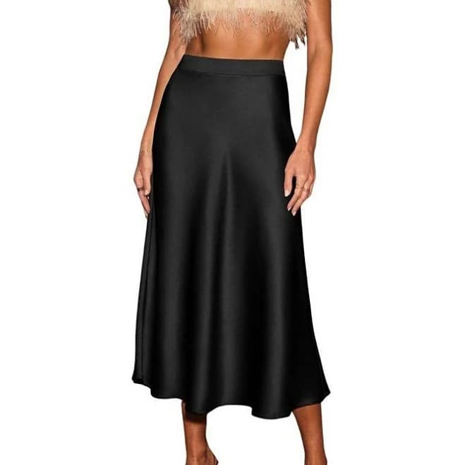 Women's Satin High Waisted Midi Skirts A Line Long Skirt, Size: Medium, Black