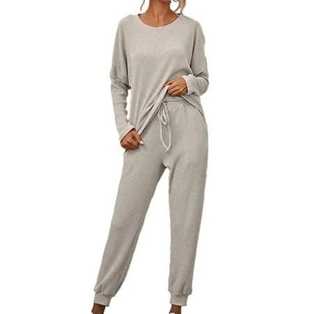 Women's Ribbed Crewneck Long Sleeve Jogger Pants Workout Set