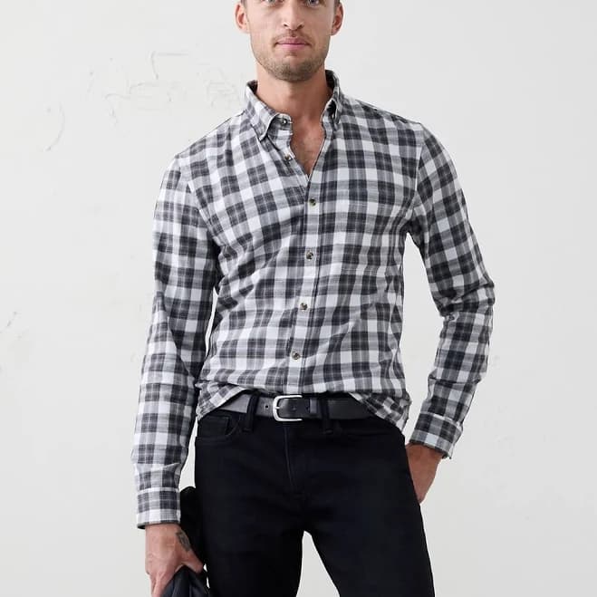 Men's Slim-Fit Lightweight Flannel Shirt Grey Plaid Regular Size XXL