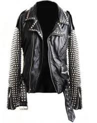 Men's Biker Silver Studded Elegant Leather Jacket Biker All Sizes Available Black Silver Studs Belted Front Zipper BACK ROUND Studded Design