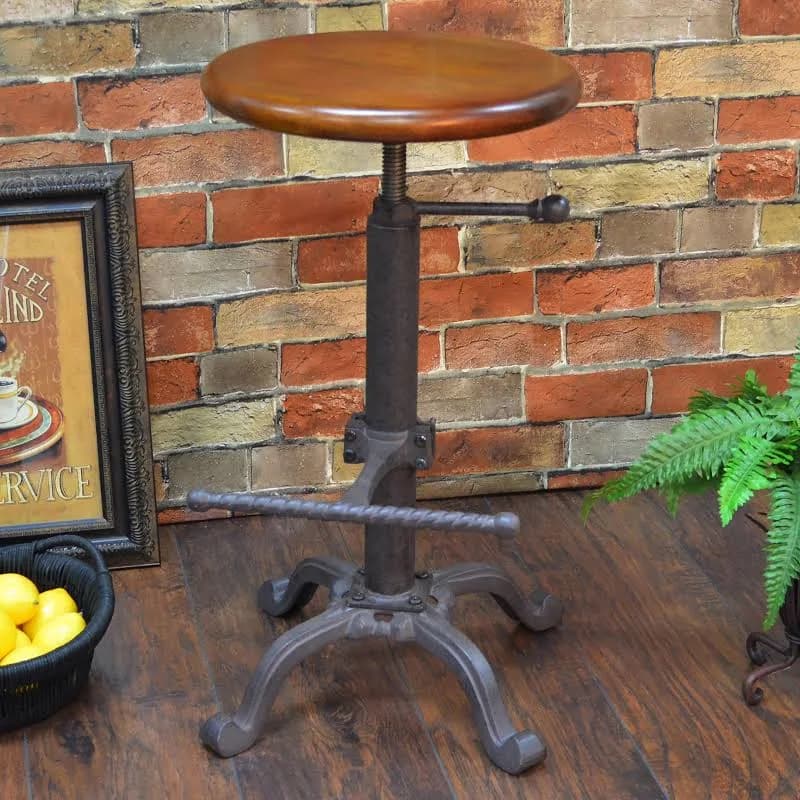 Industrial-Style Adjustable-Height Wood and Metal Stool