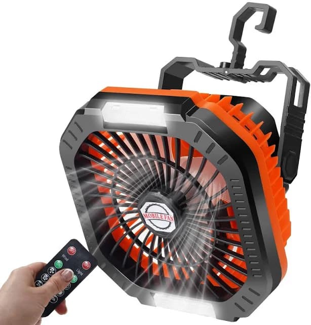 DUKUSEEK Camping Fan with LED Lantern & Remote, 25H Work Time Battery Operated Fan with Hang Hook for Tent, Portable Ceiling Tent Fan with Remote