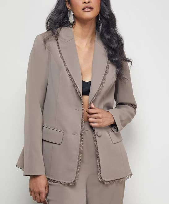 Warehouse Women's Oversized Lace Frill Trim Single Breasted Blazer in Mocha | Size: 12