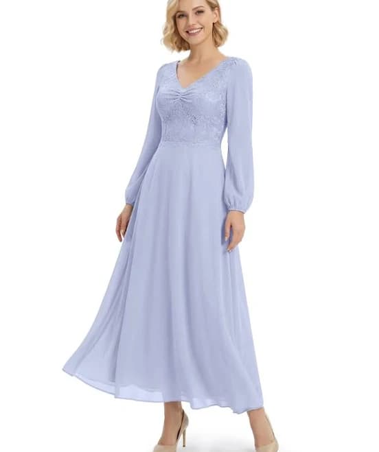 Chicsew Stylish V-Neck Long Sleeve Lace Chiffon Maxi Gown